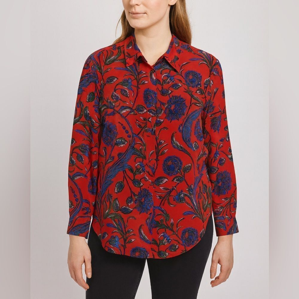 Sandro Paris 100% Silk Red Floral Button Down Blouse Long Sleeve Shirt Size S